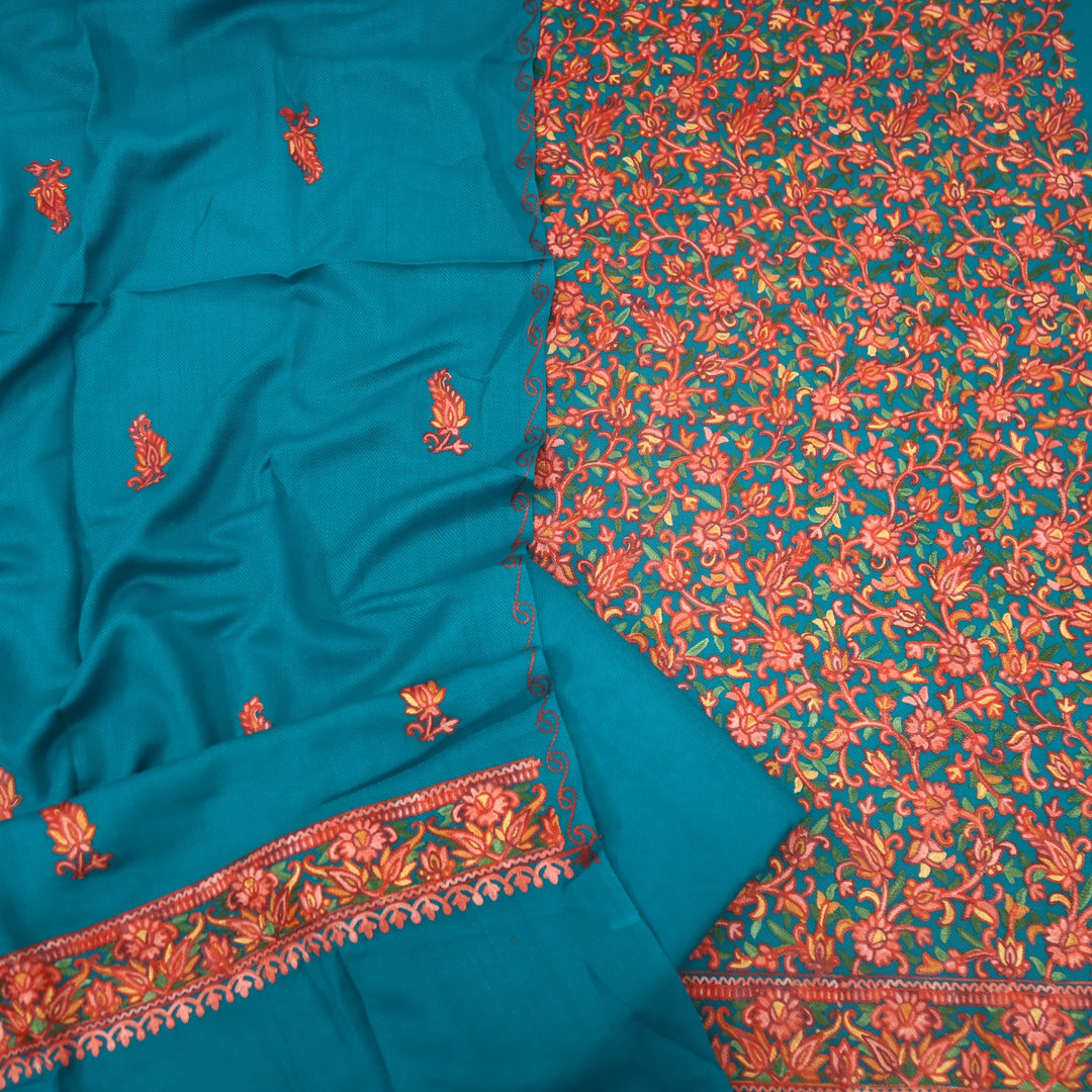 Izhaar Dark Teal Blue Embroidered Semi Pashmina Suit Set