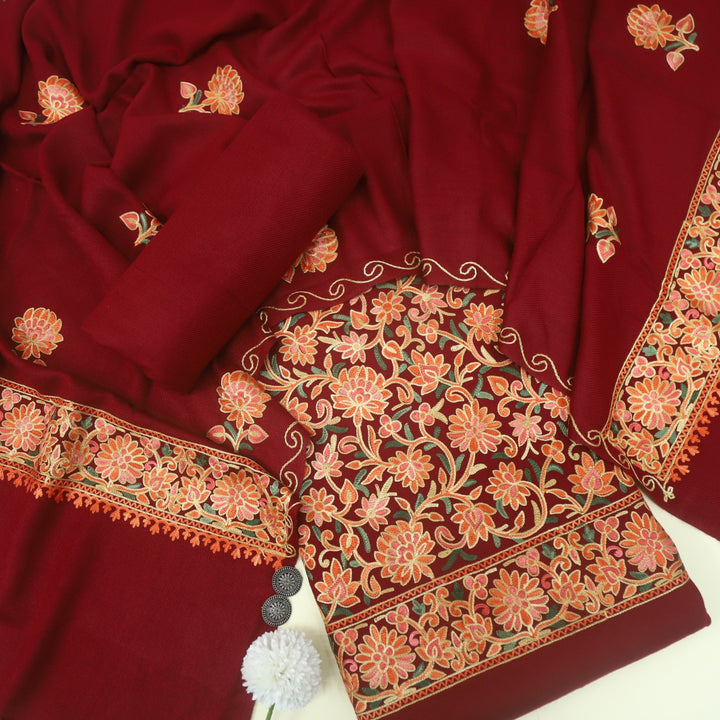 Faqat Barn Red Embroidered Semi Pashmina Suit Set