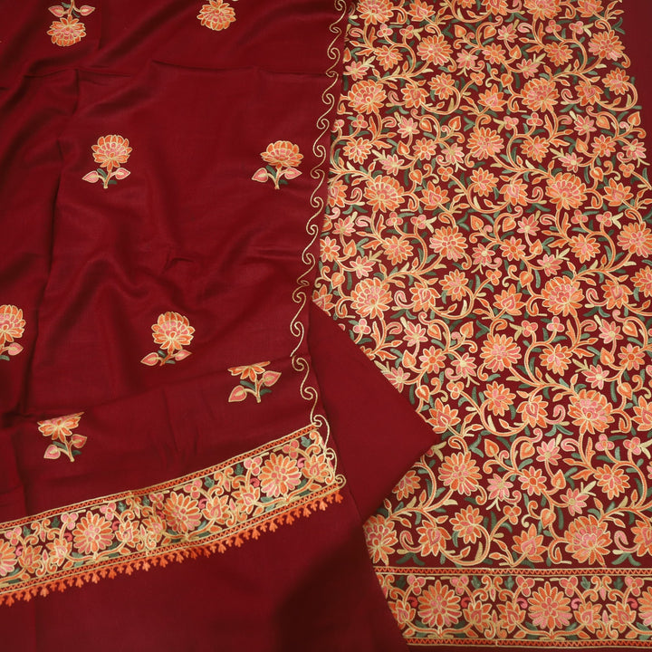 Faqat Barn Red Embroidered Semi Pashmina Suit Set