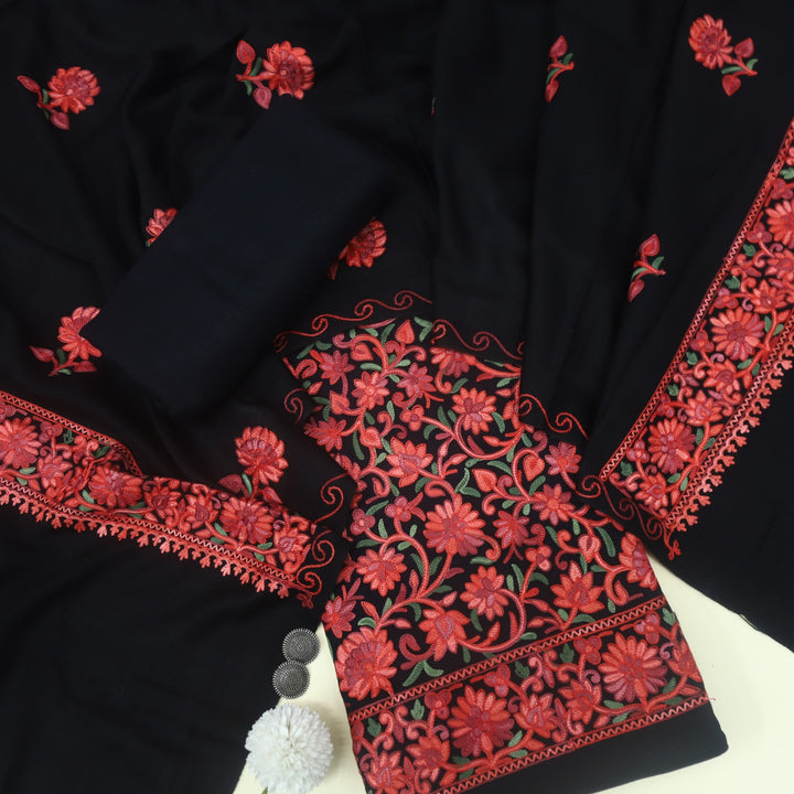 Faqat Ebony Black Embroidered Semi Pashmina Suit Set