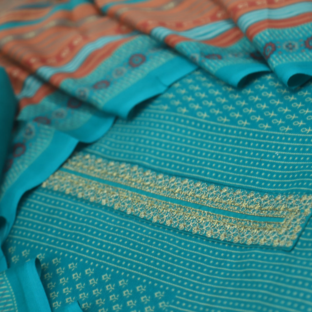 Ghayrat Cerulean Blue Printed Semi Pashmina Suit Set