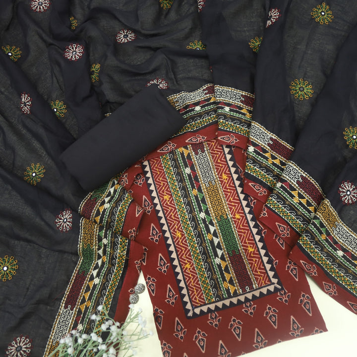Khairiyat Maroon Red Kutch Cotton Top with Printed Dupatta