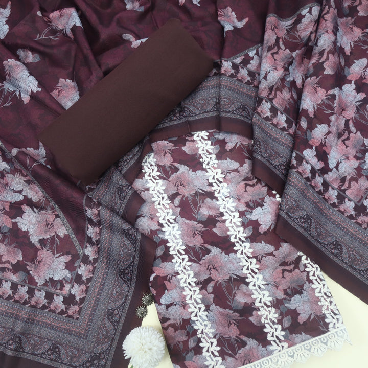 Aarazoo Wine Purple Thread Weaved Printed Semi Pashmina Set