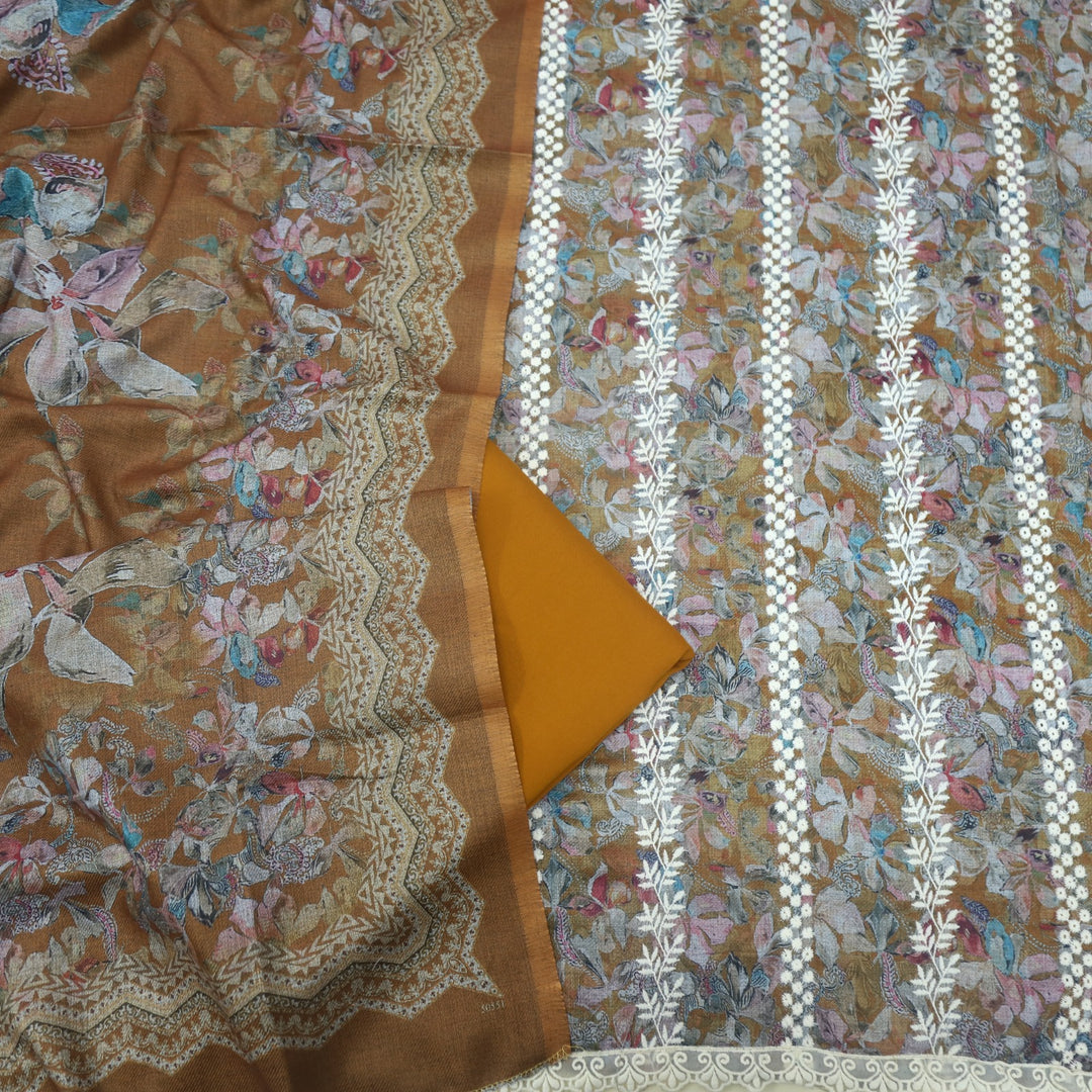 Aarazoo Ochre Yellow Thread Weaved Printed Semi Pashmina Set