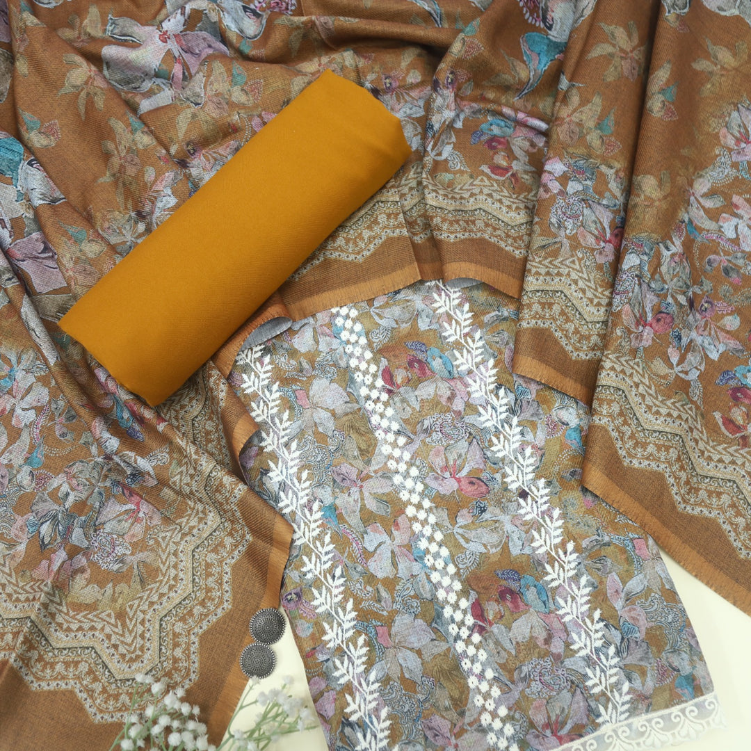 Aarazoo Ochre Yellow Thread Weaved Printed Semi Pashmina Set