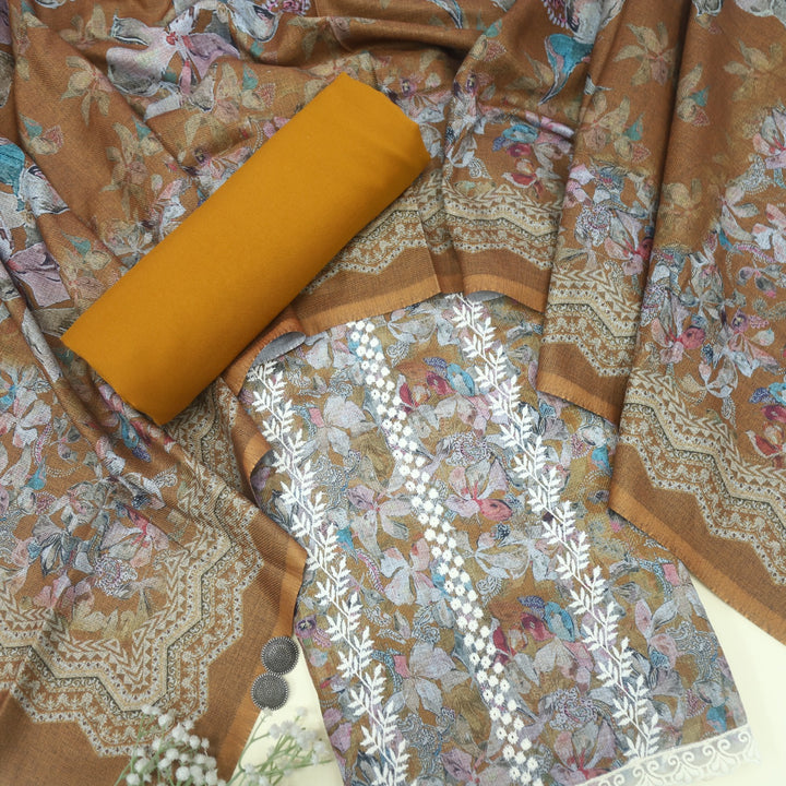 Aarazoo Ochre Yellow Thread Weaved Printed Semi Pashmina Set