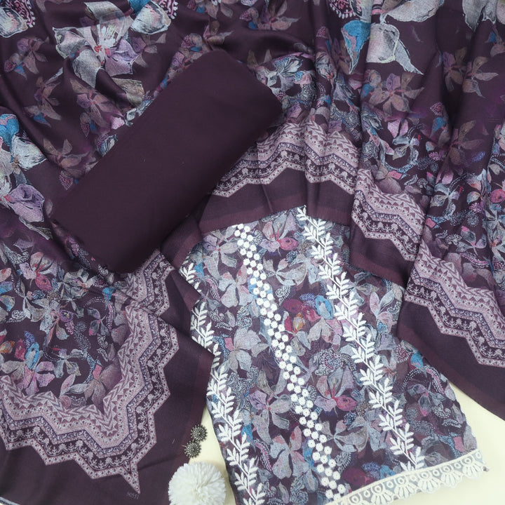 Aarazoo Raisin Purple Thread Weaved Printed Semi Pashmina Set