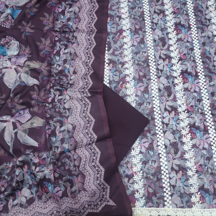 Aarazoo Raisin Purple Thread Weaved Printed Semi Pashmina Set