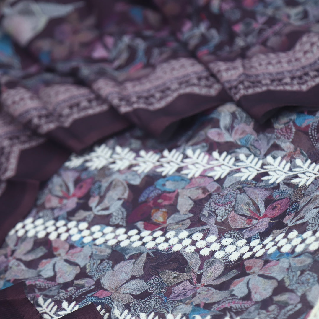 Aarazoo Raisin Purple Thread Weaved Printed Semi Pashmina Set