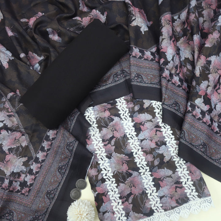Aarazoo Oil Black Thread Weaved Printed Semi Pashmina Set