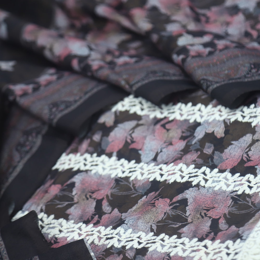 Aarazoo Oil Black Thread Weaved Printed Semi Pashmina Set