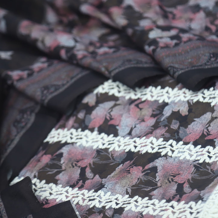 Aarazoo Oil Black Thread Weaved Printed Semi Pashmina Set