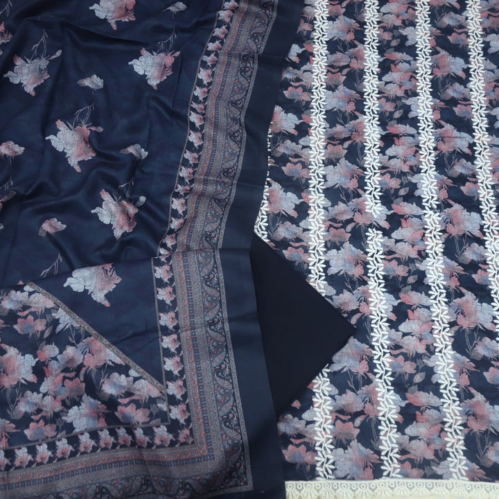 Aarazoo Midnight Blue Thread Weaved Printed Semi Pashmina Set