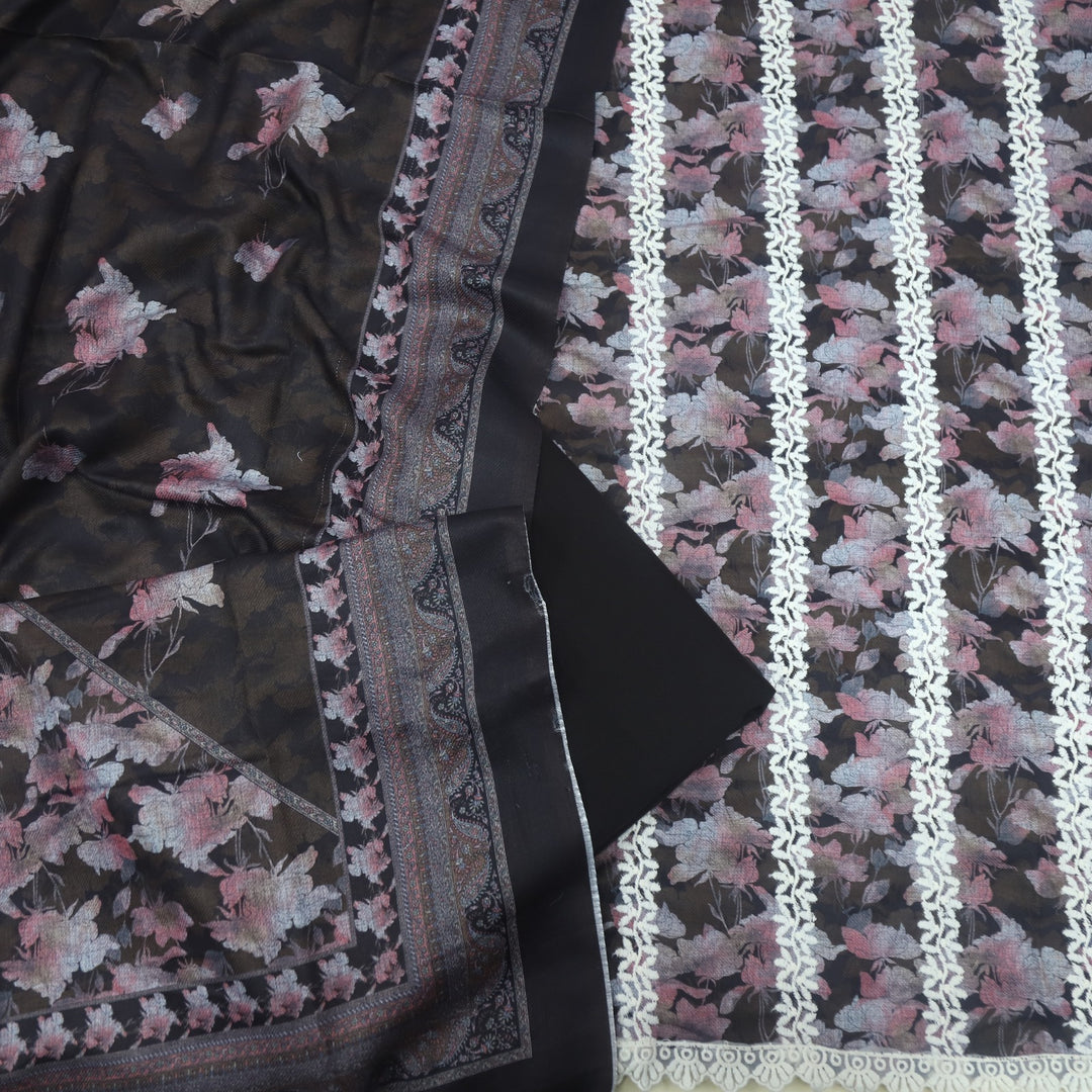 Aarazoo Oil Black Thread Weaved Printed Semi Pashmina Set