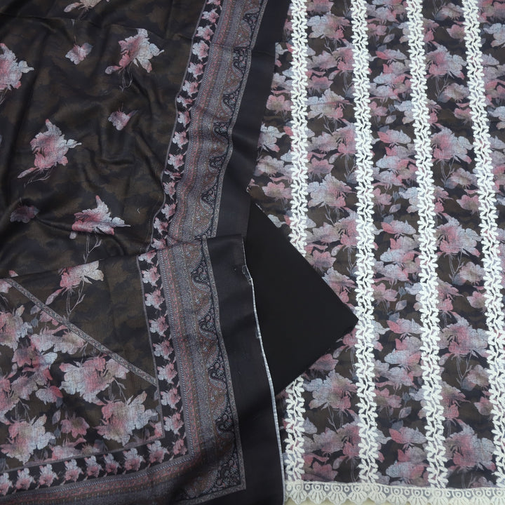 Aarazoo Oil Black Thread Weaved Printed Semi Pashmina Set