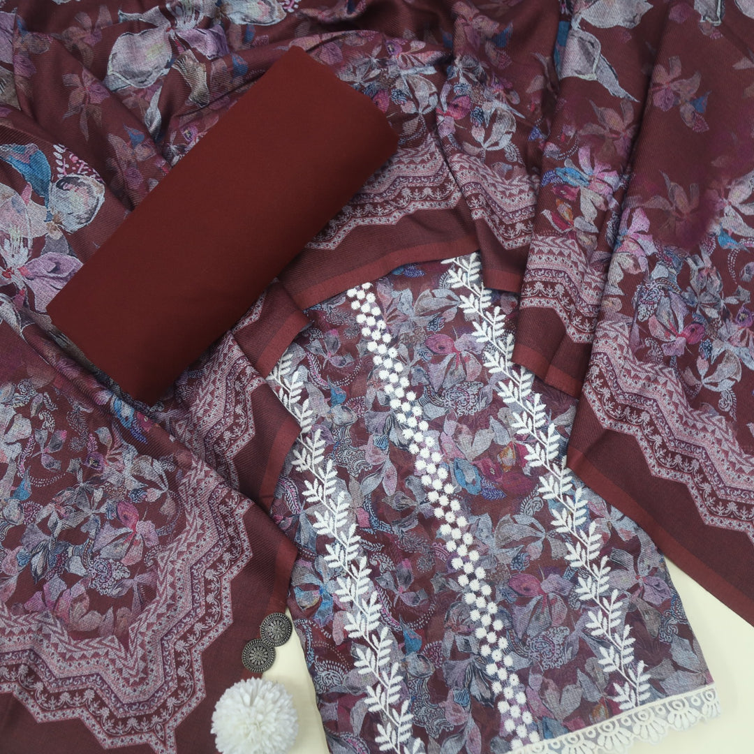 Aarazoo Maroon Red Thread Weaved Printed Semi Pashmina Set