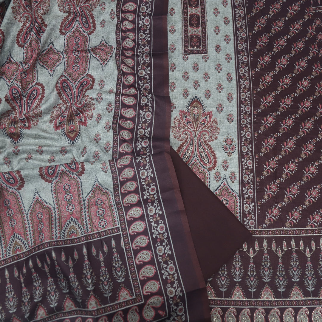 Faryaad Umber Brown Zari Weaved Printed Semi Pashmina suit Set