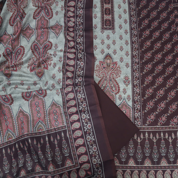 Faryaad Umber Brown Zari Weaved Printed Semi Pashmina suit Set