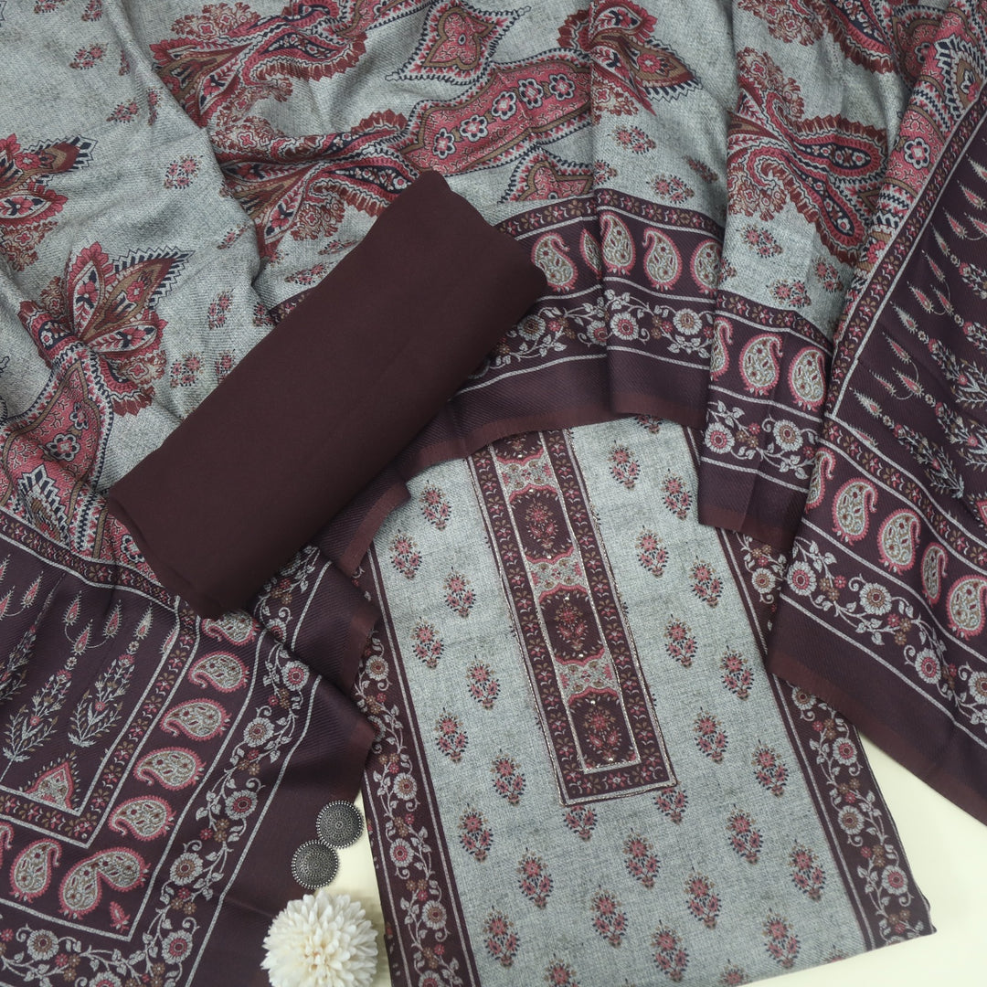Faryaad Umber Brown Zari Weaved Printed Semi Pashmina suit Set