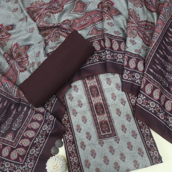 Faryaad Umber Brown Zari Weaved Printed Semi Pashmina suit Set