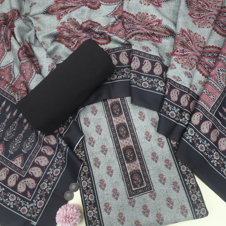 Faryaad Oil Black Zari Weaved Printed Semi Pashmina suit Set