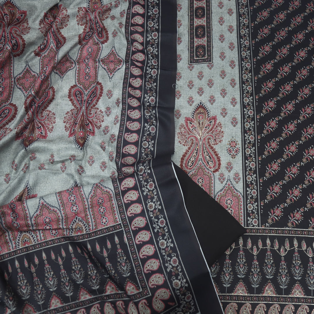 Faryaad Oil Black Zari Weaved Printed Semi Pashmina suit Set