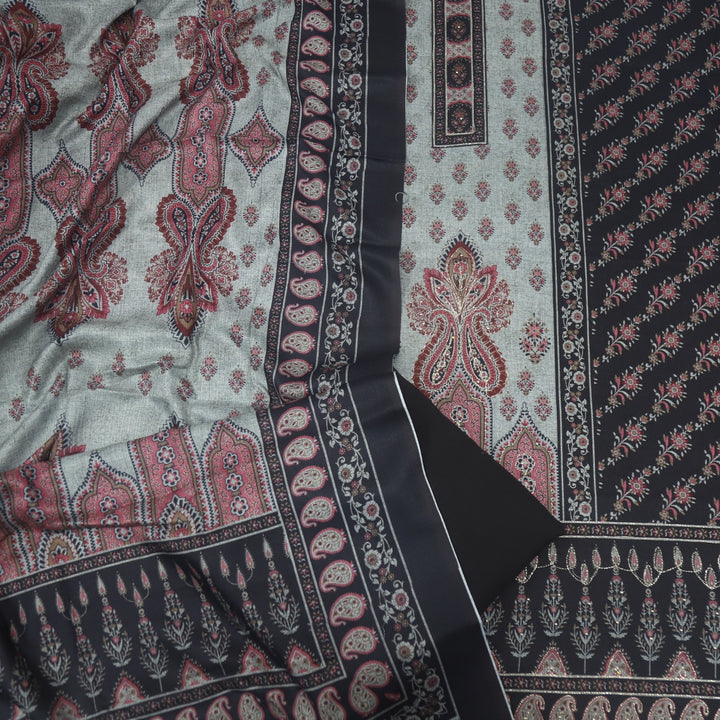 Faryaad Oil Black Zari Weaved Printed Semi Pashmina suit Set