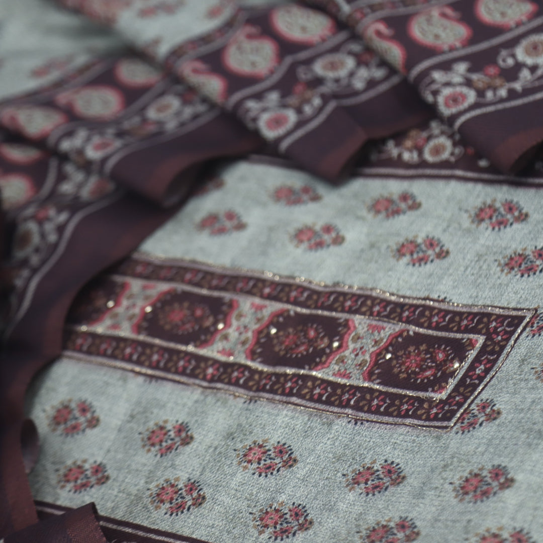 Faryaad Umber Brown Zari Weaved Printed Semi Pashmina suit Set