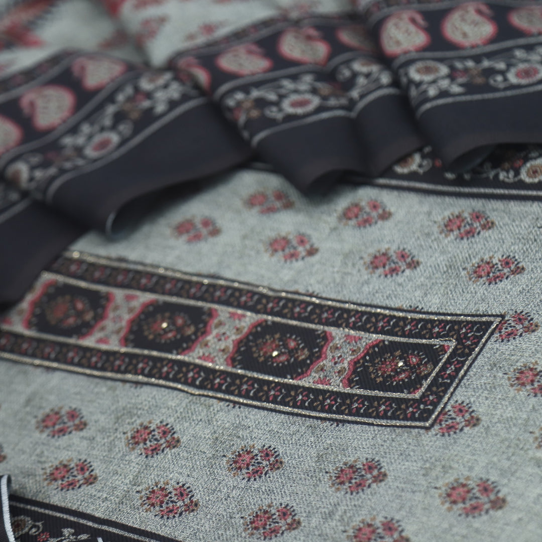 Faryaad Oil Black Zari Weaved Printed Semi Pashmina suit Set
