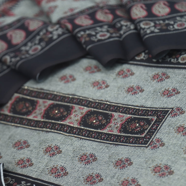 Faryaad Oil Black Zari Weaved Printed Semi Pashmina suit Set
