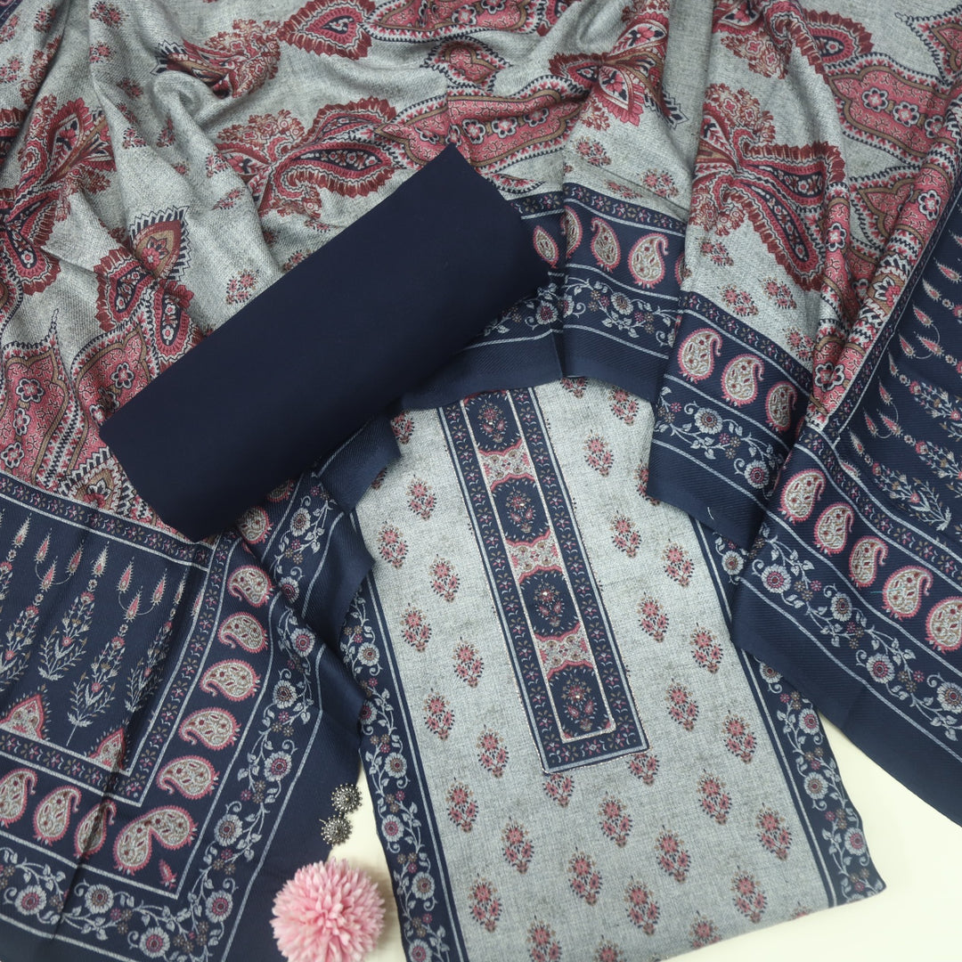 Faryaad Navy Blue Zari Weaved Printed Semi Pashmina suit Set