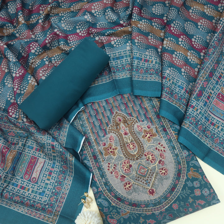 Faryaad Castleton Blue Zari Weaved Printed Semi Pashmina suit Set