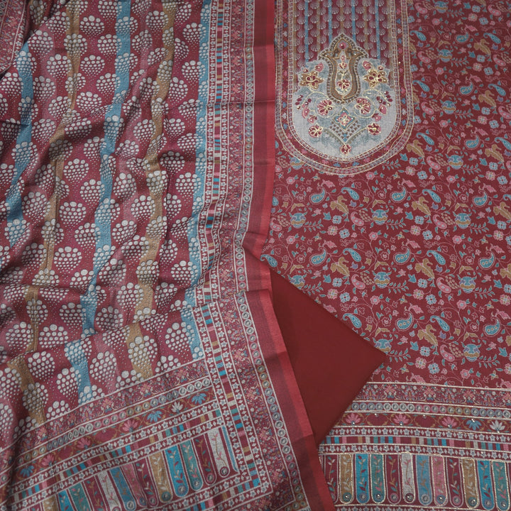 Faryaad Maroon Red Zari Weaved Printed Semi Pashmina suit Set