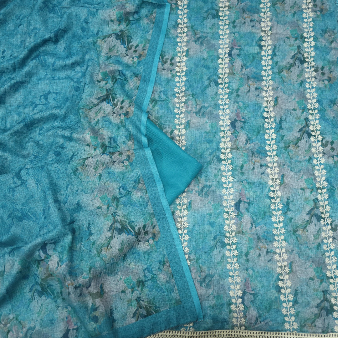 Shokhiyan Peacock Blue Thread Weaved Printed Semi Pashmina Set