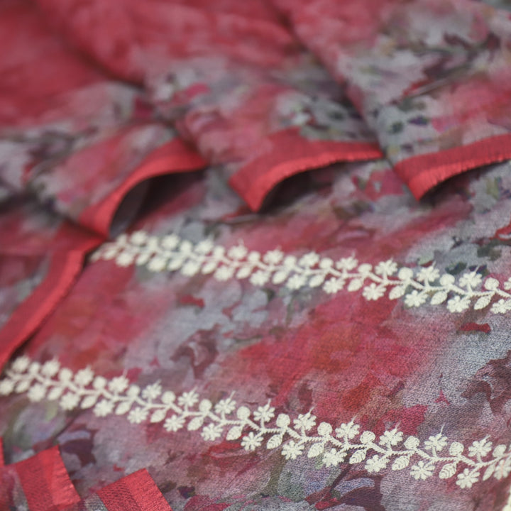 Shokhiyan Rose Pink Thread Weaved Printed Semi Pashmina Set