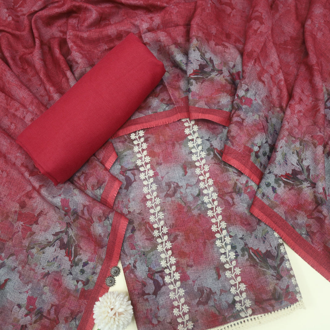 Shokhiyan Rose Pink Thread Weaved Printed Semi Pashmina Set