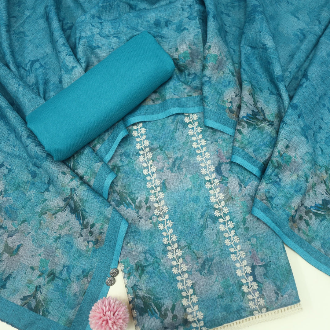 Shokhiyan Peacock Blue Thread Weaved Printed Semi Pashmina Set