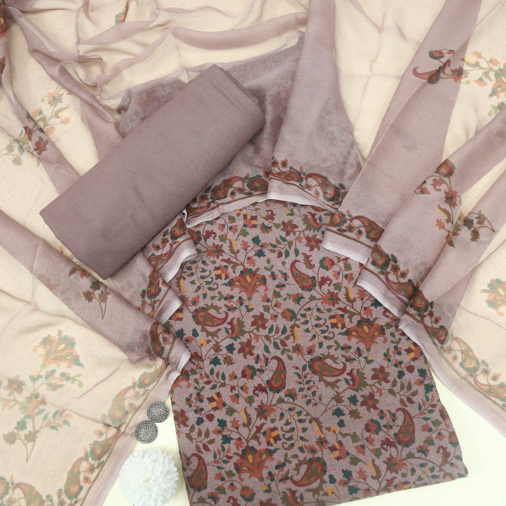Mizaaz Redwood Red Floral Printed Semi Pashmina Suit Set