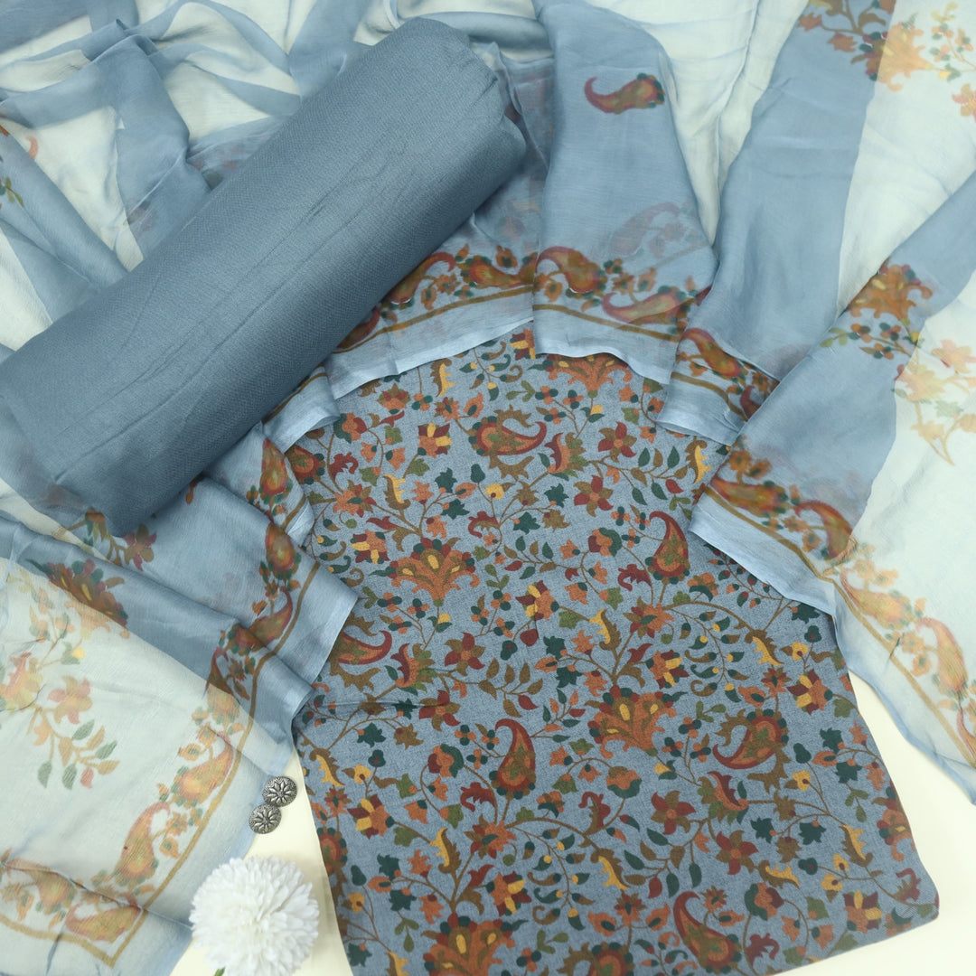 Mizaaz Maximum Blue Floral Printed Semi Pashmina Suit Set