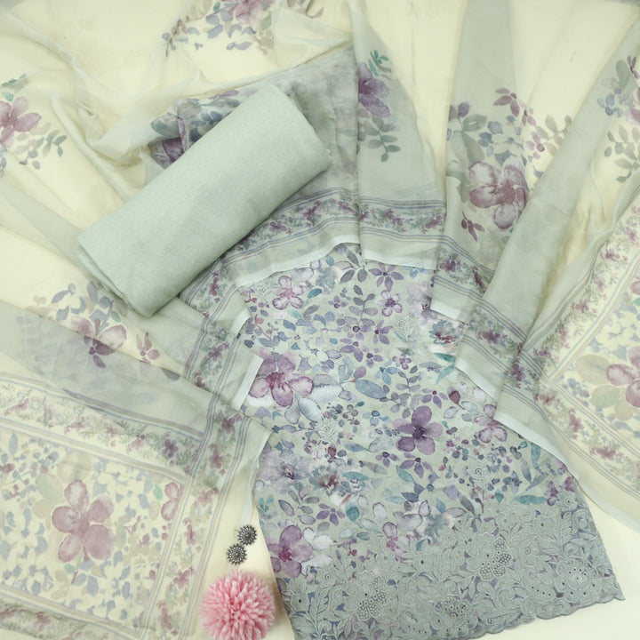 Mizaaz Olive Green Floral Printed Semi Pashmina Suit Set
