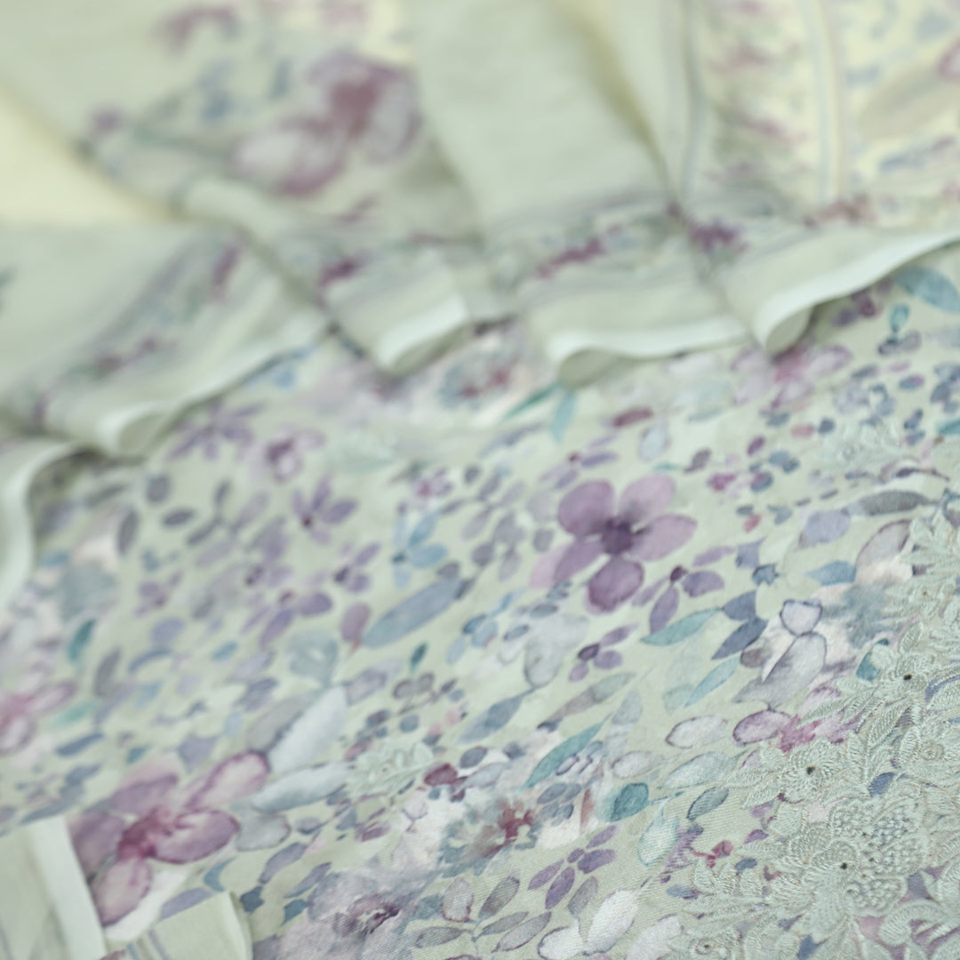 Mizaaz Olive Green Floral Printed Semi Pashmina Suit Set