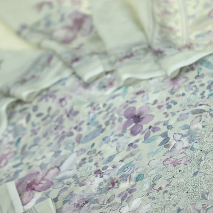 Mizaaz Olive Green Floral Printed Semi Pashmina Suit Set