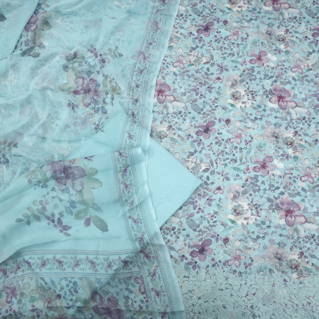 Mizaaz Baby Blue Floral Printed Semi Pashmina Suit Set