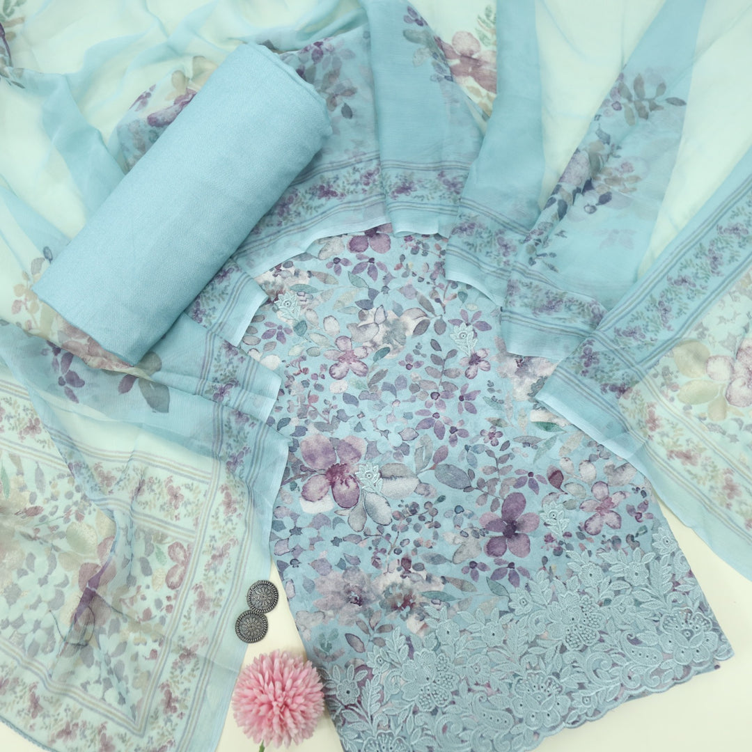Mizaaz Baby Blue Floral Printed Semi Pashmina Suit Set