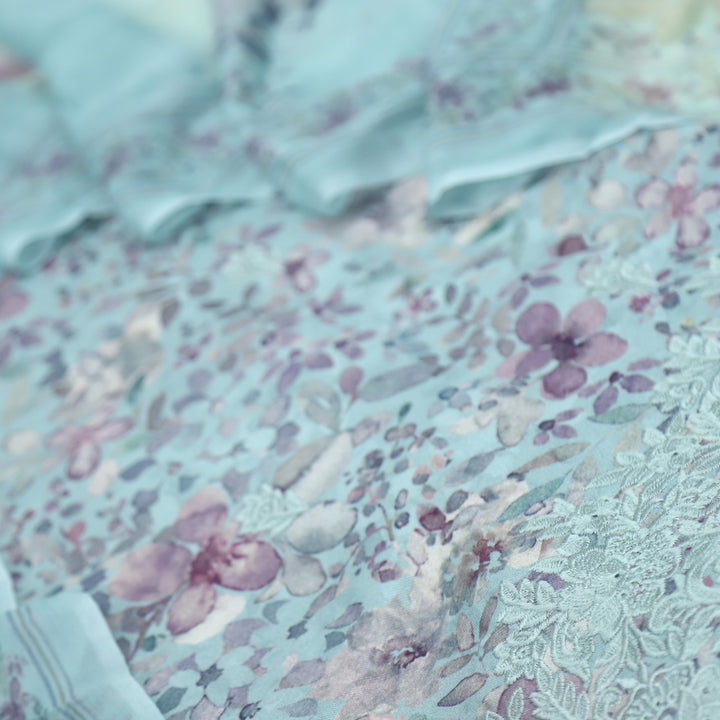 Mizaaz Baby Blue Floral Printed Semi Pashmina Suit Set
