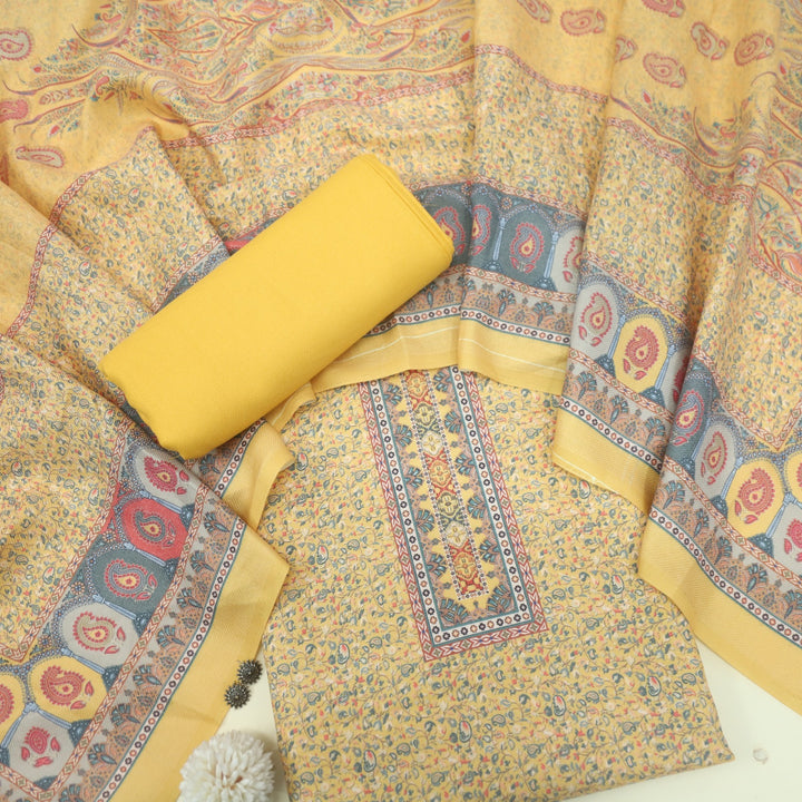Tawana Honey Yellow Floral Kanni Printed Semi Pashmina Suit Set D2