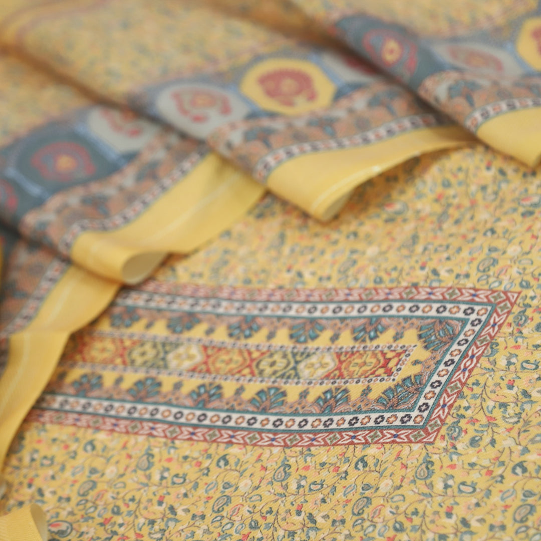 Tawana Honey Yellow Floral Kanni Printed Semi Pashmina Suit Set D2
