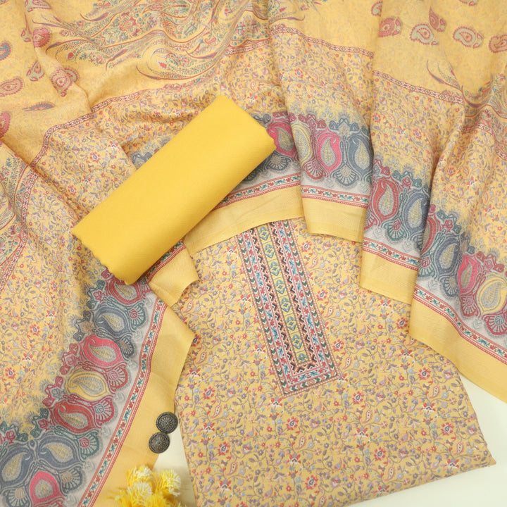 Tawana Dijon Yellow Floral Kanni Printed Semi Pashmina Suit Set D-5