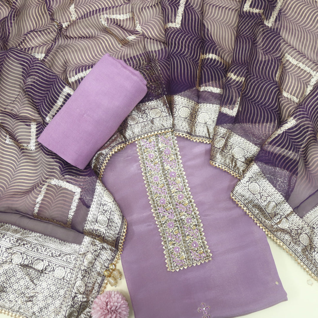 Nushrat Peri Purple Patch with French Knot Work Shimmer Tissue Suit Set