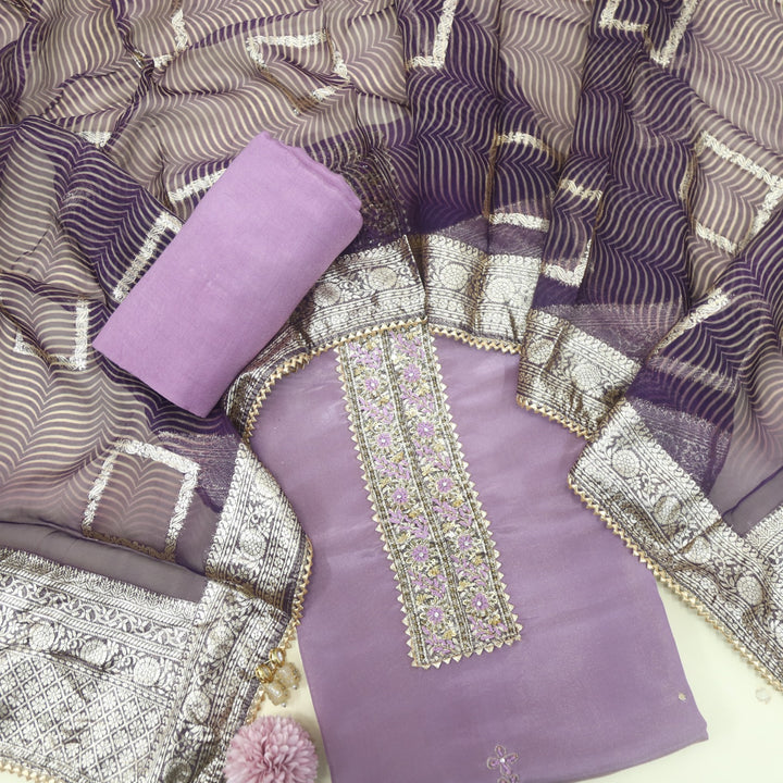 Nushrat Peri Purple Patch with French Knot Work Shimmer Tissue Suit Set